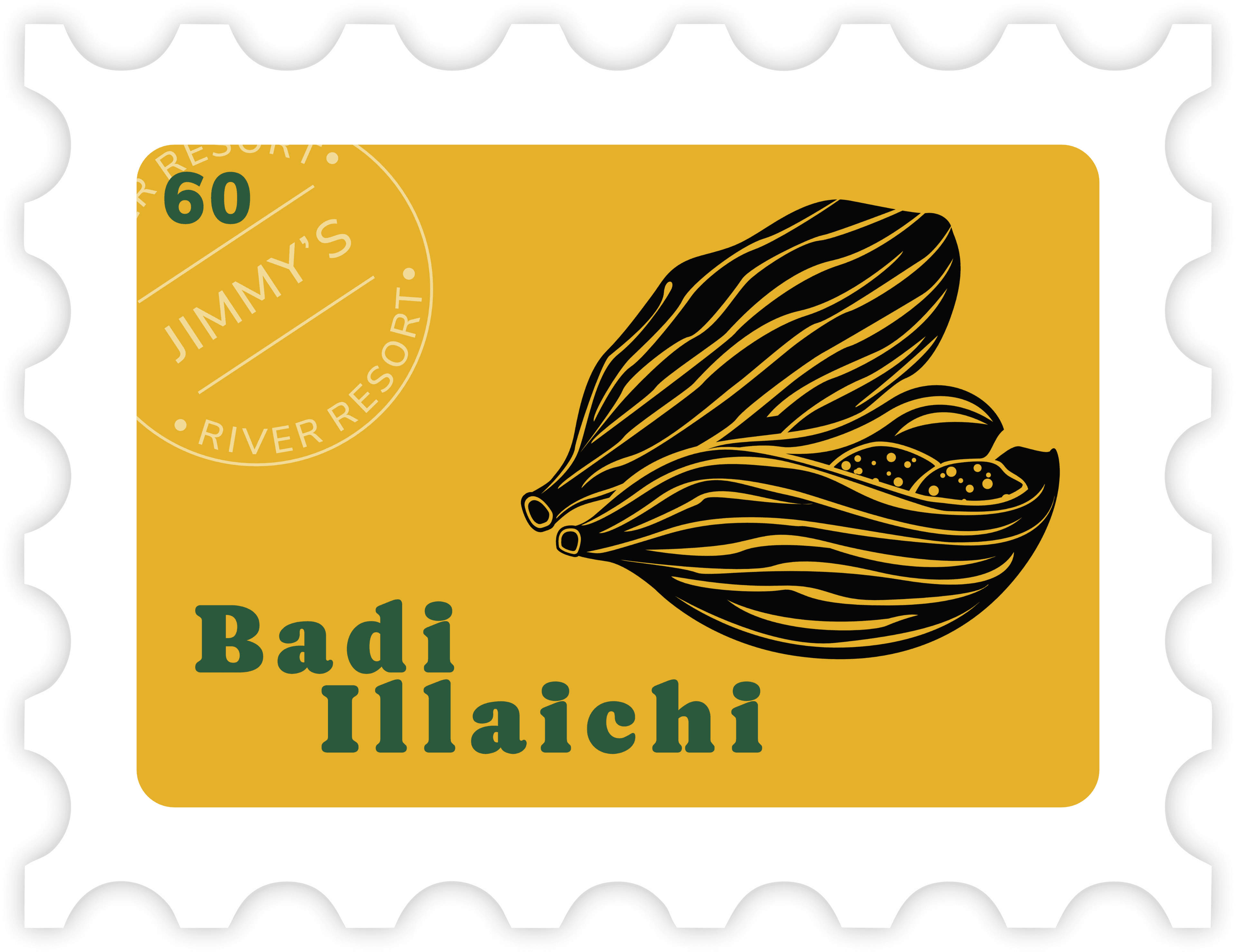 Artistic stamp design featuring Kali Elaichi (black cardamom) in bold black illustration with the text 'Kali Elaichi' in green, marked with a circular Jimmy's River Resort insignia and a 60 denomination.