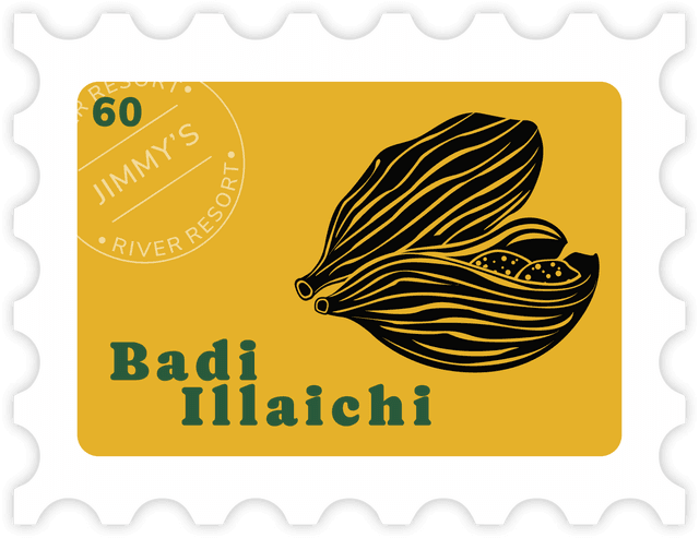 Artistic stamp design featuring Kali Elaichi (black cardamom) in bold black illustration with the text 'Kali Elaichi' in green, marked with a circular Jimmy's River Resort insignia and a 60 denomination.